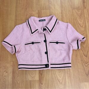 SHEIN Pink Tweed Cropped Button Up Top with Black Trim